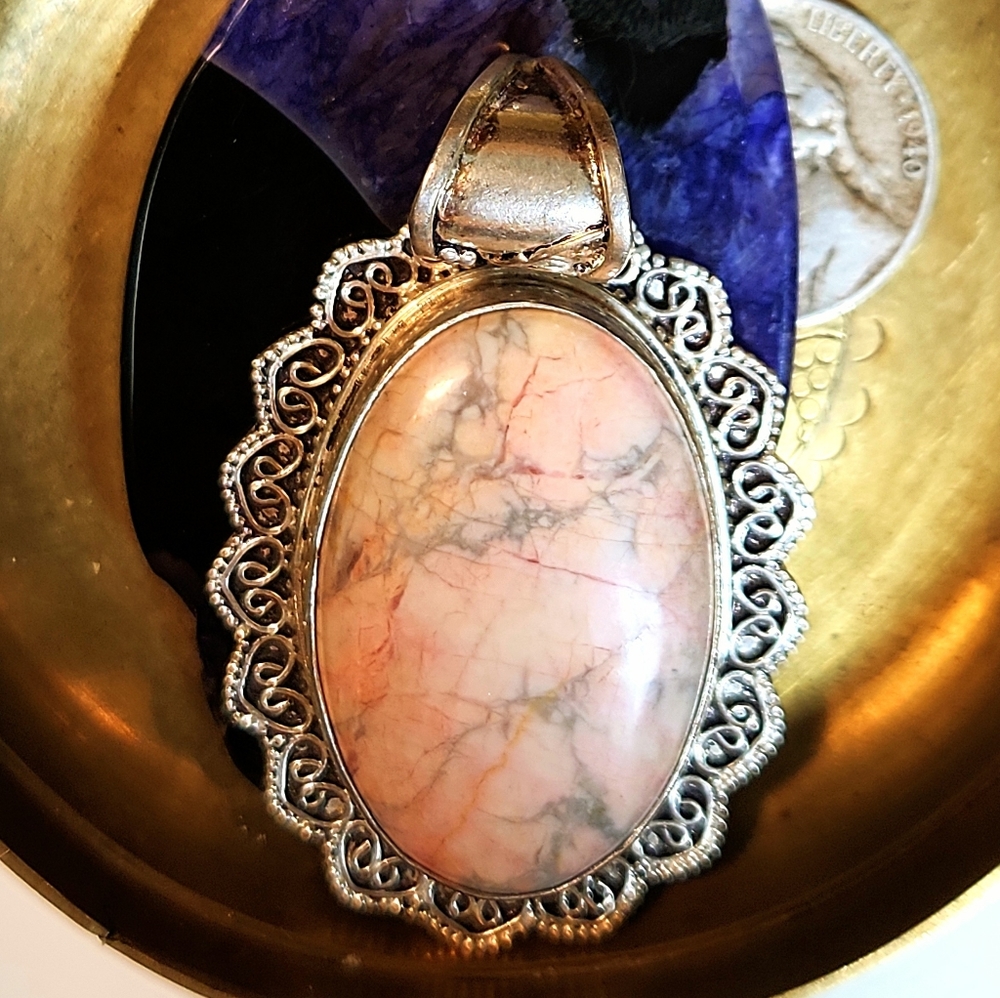 Huge, Beautiful,Oval Shaped Genuine Stone Cabochon Pendant.Has A Victorian-Style
